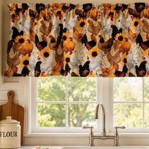 Farmhouse Chicken Valance, Rooster Sunflower Kitchen Curtain, Country Window Treatment
