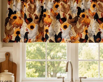 Cenefa de gallinas de granja, cortina de cocina con gallo y girasoles, tratamiento de ventanas de estilo rústico