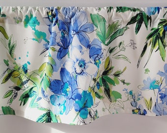 Floral Valance: Blue Green Tropical Print, Cotton Twill Curtain