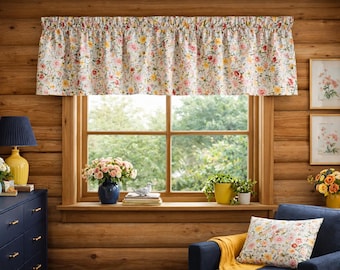 Vintage Floral Cotton Valance Curtain: Botanical Cream Decor