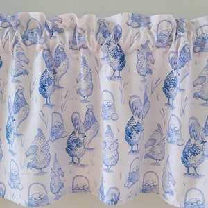 Farmhouse-Style Toile Valance Curtain, Hen, Rooster Valance Curtain, White and Blue Valance Curtain, Kitchen Curtain, Kitchen Valance
