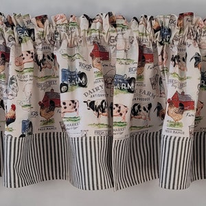 Country Farmhouse Valance Curtain with Black Ticking Stripe Trimming, Barn-style, Rustic, Valance