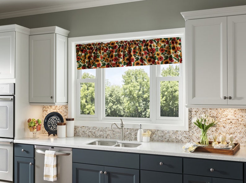 Kitchen Curtains Sunflower Curtains Green and Orange Curtains Sun Room Curtains Yellow Cheerful Curtains Floral Curtains