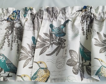 White and Turquoise Curtain Valance, Vintage Kitchen Curtain, Classic Bird, Stamps Curtain Valance