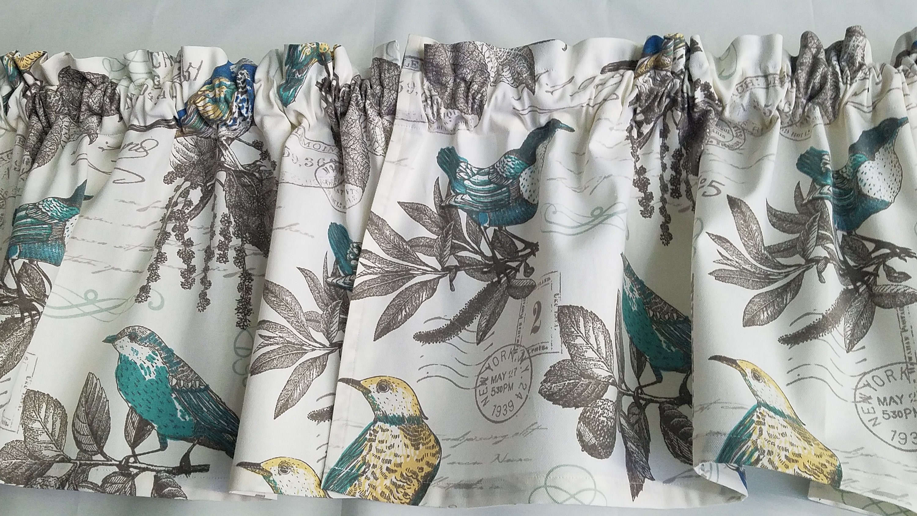 White and Turquoise Curtain Valance, Vintage Kitchen Curtain, Classic Bird, Stamps Curtain Valance