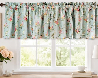 Vintage Rose Curtain Valance, French Country Floral Valance, Duck Egg Blue Cottage Window Decor