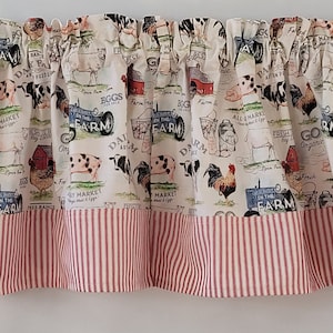 Country Farmhouse Valance Curtain with Red Ticking Stripe Trimming, Barn-style Rustic Valance