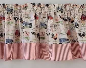 Country Farmhouse Valance Curtain with Red Ticking Stripe Trimming, Barn-style, Rustic, Valance