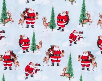 May include: A repeating pattern featuring Santa Claus in a red suit, carrying a sack and lantern, with reindeer, snowmen, and evergreen trees on a light blue background. The design evokes a festive Christmas theme.