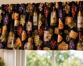 Wine & Cheese Kitchen Valance, Vineyard Inspired Window Curtain