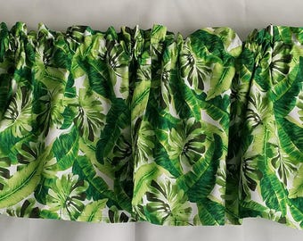 Tropical Palm and Banana Leaf Valance Curtain, Tropical Island Kitchen Curtain, Tropical Green Leaf Curtain, Short Tropical Curtain