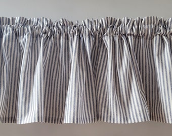 White and Blue Stripe Valance Curtain, Ticking Blue and White Stripe Valance Curtain