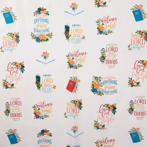 May include: A white background with a repeating pattern of colorful floral designs and bible verses. The verses include "Trust in the Lord with all your heart", "He restores my soul", "Give thanks to the Lord for He is good", "Don't worry about anything, pray about everything", "Love God, love people", and "Sing to the Lord a new song".