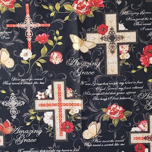 Amazing Grace Fabric, Religious Fabric Print, Spiritual Fabric, Black Fabric