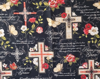 Amazing Grace Fabric, Religious Fabric Print, Spiritual Fabric, Black Fabric