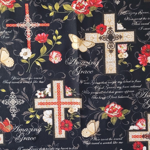 Amazing Grace Fabric, Religious Fabric Print, Spiritual Fabric, Black Fabric