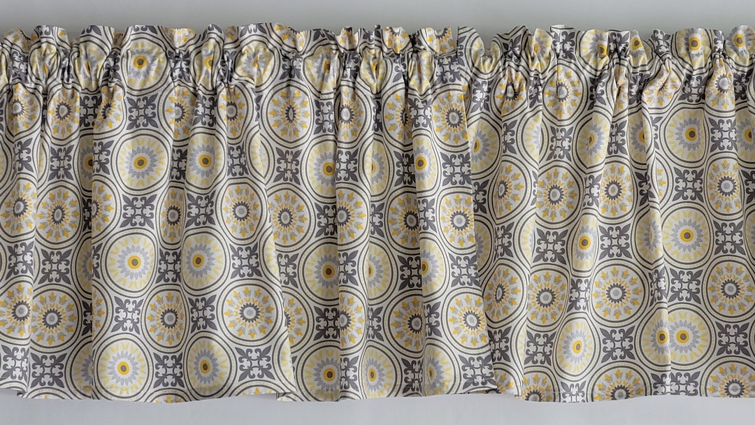 Yellow and Gray Floral Valance, Circular Print Valance Curtain, Spring Valance 41 42 Inches Wide