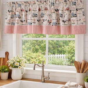 Country Farmhouse Valance Curtain with Red Ticking Stripe Trimming, Barn-style Rustic Valance