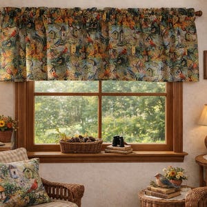 Cardinal Birdhouse Valance: Floral Autumn Cotton Curtain