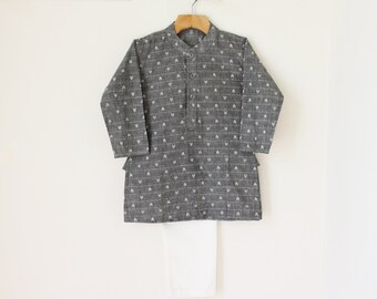 Gray Arrow Lined Kurta Pajama Set, Indian/Pakistani Outfit for Kids, Handmade Cotton Outfit, Perfect for Eid, Ramadan, Diwali, or Pooja&#39;s