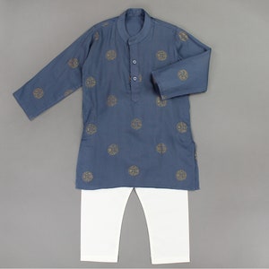Blue Gray Gold Print Kids Kurta with Pajama Set of 2, Boys Desi Outfit, Eid, Ramadan, Diwali, Raksha Bandhan, Pooja, shaadi, Indian Pakistan