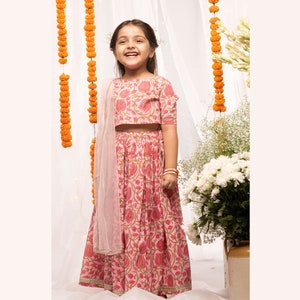 Floral Pink Lehenga Set with Hand Block Printing