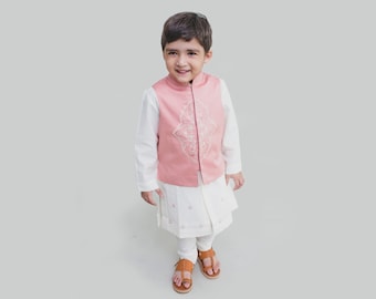Little kids white embroidered kurta with churidar Baby pink jacket with mandarin collar Front open design Ramadan Diwali Eid