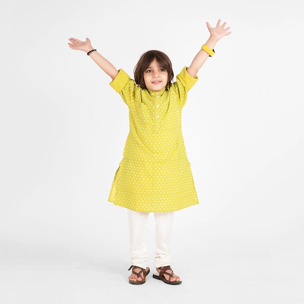 Little boys carefree Yellow-green kurta on a white pajama, Ethnic dress with modern block printed design, Fun-loving Everyday Desi Wear