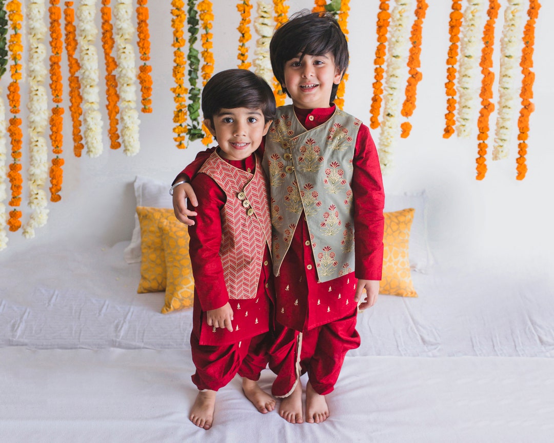 Baby Boys Dhoti Kurta, 3 Piece Set, Dazzling Desi Red Kurta, Reversible