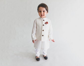 Little Boys 3 piece Kurta Pajama with Jacket, Kids Sherwani, Designer Kurta,Festive Wear/Fancy Wear, Eid Collection, Raksha Bandhan
