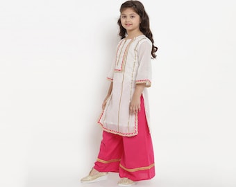 Shalwar suit with palazzo for little girl, Light Dupatta, Sparkling White kurta, Golden laced, Diwali Gift Idea, Kids Eid Outfit