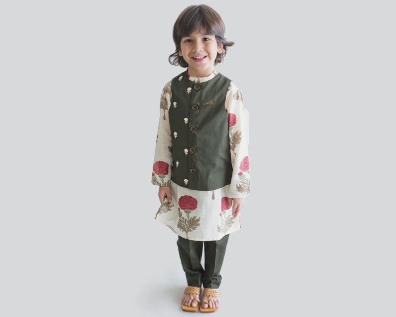 Festive Wear IndianPakistani Outfit Green Designer Nehru Jacket Little Boys Floral Printed Kurta Pajama Ethnic Suit