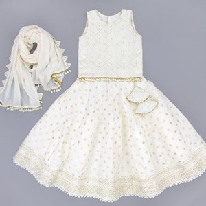 Lehenga Set for Little Girls in Cream/White, Set of 3. Fully Embroidered Choli, Golden Booti Lehenga, dupatta for Eid Ramadan Diwali Shaadi