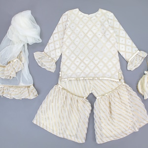 Terno Gharara branco para meninas, roupa infantil Eid, Sharara Kameez para crianças, vestido festivo indiano paquistanês Eid Diwali Ramadan Pooja Shaadi