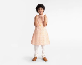 Lightweight kurta, Peach Block printed design for little boys, ethnic kurta pajama with colorful print, Cotton comfortable wear for summer