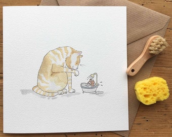Greetings Card - Bathtime Cat & Mouse