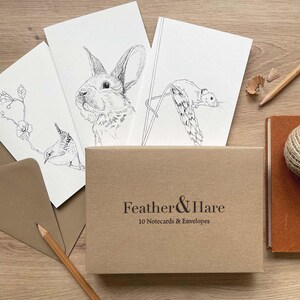 May include: A collection of notecards and envelopes with wildlife illustrations. The brown box, with the text "Feather & Hare" and "10 Notecards & Envelopes", contains cards with detailed black and white drawings of a rabbit, bird, and squirrel.