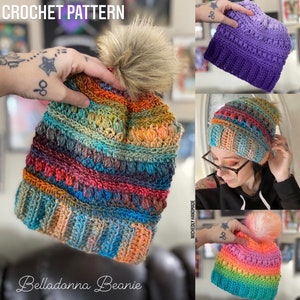 May include: A colorful crochet beanie with a fluffy pom pom. The beanie is made with a variety of stitches and colors, including red, orange, yellow, green, blue, and purple. The beanie is shown in three different color variations.