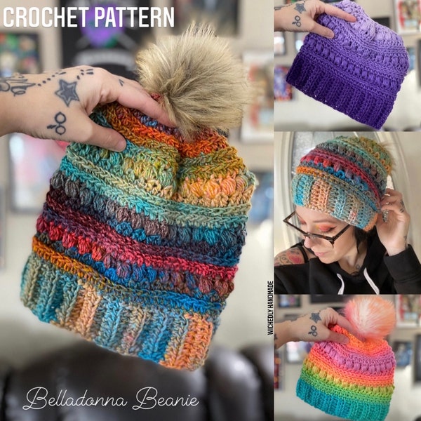 CROCHET PATTERN ~ Belladonna Beanie Crochet Pattern ~ Belladonna Beanie ~ Crochet Beanie, Slouchy Beanie, Messy Bun Beanie, Cute Beanie