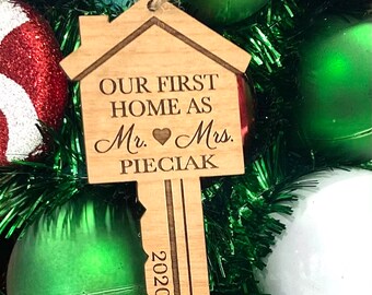 Laser Engraved Wood Our First Home Key Ornament