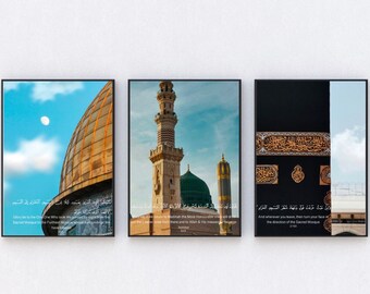 Set of 3 Harams Photography Aesthetic Quran Quote Bismillah Decor Gift Personalised Madinah  Prints Frames Kabah Mosque Al Aqsa New Home