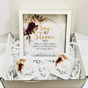 Gepersonaliseerde islamitische huwelijkscadeau mand set namen paar Nikka Dua moslim mokken Nikkah kalligrafie kunst familie gunsten Zam Zam stickers datum