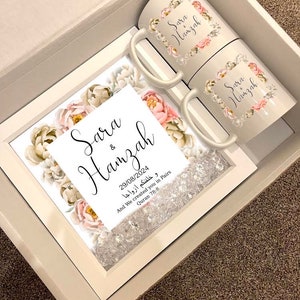 Gepersonaliseerde islamitische huwelijkscadeau mand set namen paar Nikka Dua moslim mokken Nikkah kalligrafie kunst familie gunsten Zam Zam stickers datum