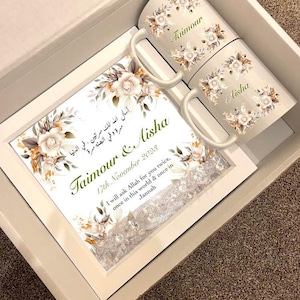 Gepersonaliseerde islamitische huwelijkscadeau mand set namen paar Nikka Dua moslim mokken Nikkah kalligrafie kunst familie gunsten Zam Zam stickers datum