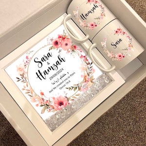 Gepersonaliseerde islamitische huwelijkscadeau mand set namen paar Nikka Dua moslim mokken Nikkah kalligrafie kunst familie gunsten Zam Zam stickers datum