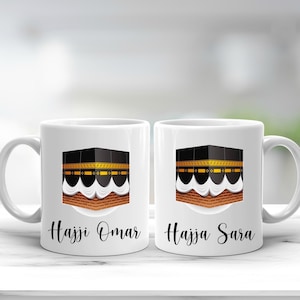 Islamitische Hajj mokken Set paar gepersonaliseerde namen Hajji Hajja familie cadeau zwart goud Mabroor 2024 Mubarak viering Kabah Decor Makkah