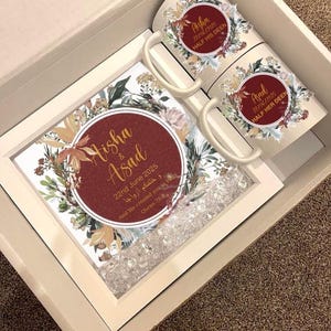 Gepersonaliseerde islamitische huwelijkscadeau mand set namen paar Nikka Dua moslim mokken Nikkah kalligrafie kunst familie gunsten Zam Zam stickers datum