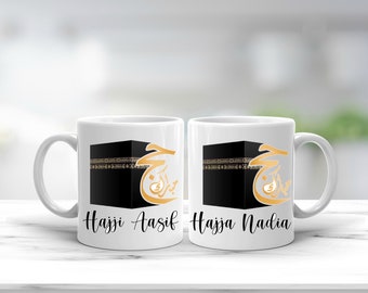 Islamic Hajj Mugs Set Couple Personalised Names Hajji Hajja Family Gift Black Gold Mabroor 2024 Mubarak Celebration Kabah Decor Makkah