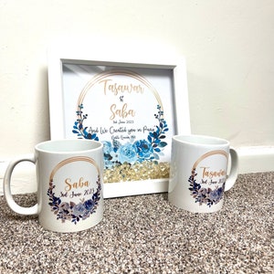 Gepersonaliseerde islamitische huwelijkscadeau mand set namen paar Nikka Dua moslim mokken Nikkah kalligrafie kunst familie gunsten Zam Zam stickers datum