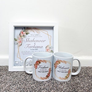 Gepersonaliseerde islamitische huwelijkscadeau mand set namen paar Nikka Dua moslim mokken Nikkah kalligrafie kunst familie gunsten Zam Zam stickers datum